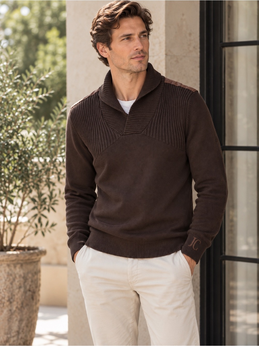 Versace Jeans Couture Men’s Brown Shawl Collar Knit Sweater Made in Italy M